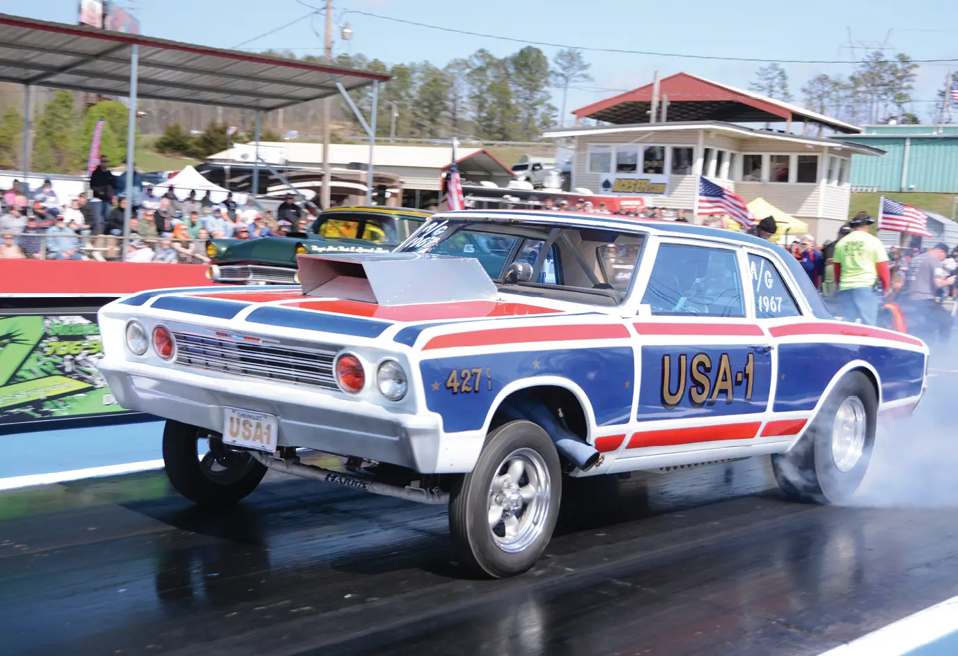 red, white, and blue American themed gasser