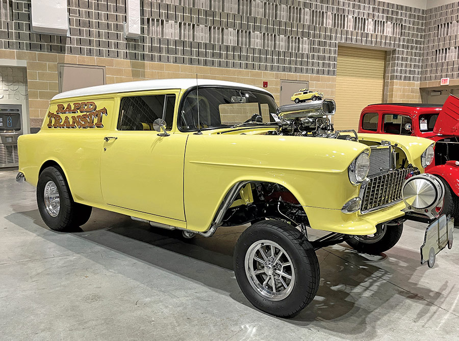 yellow car with 'rapid transit' decal on side 
