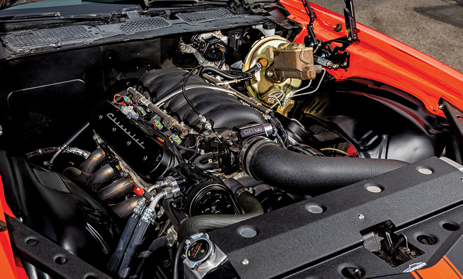 closeup of engine of '70 Camaro