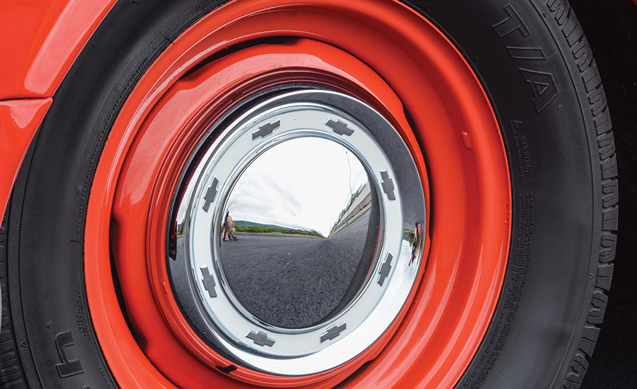 closeup of Chevy steel wheel