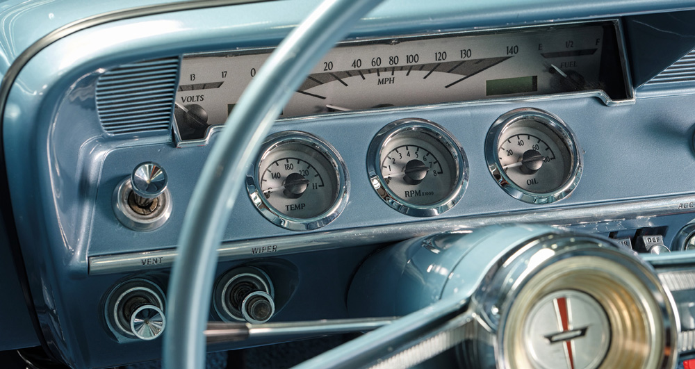 close up of steering and dash in a ’62 Chevy Bel Air