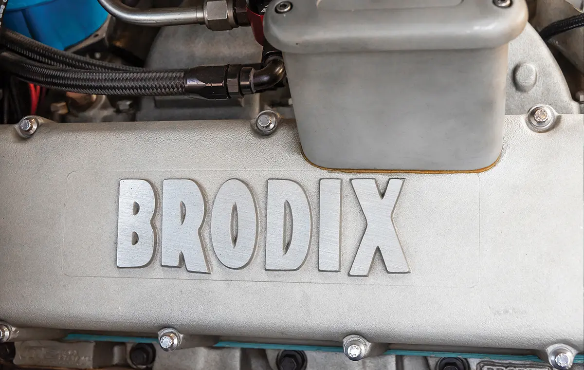 close up of the embossed Brodix label on an engine valve cover
