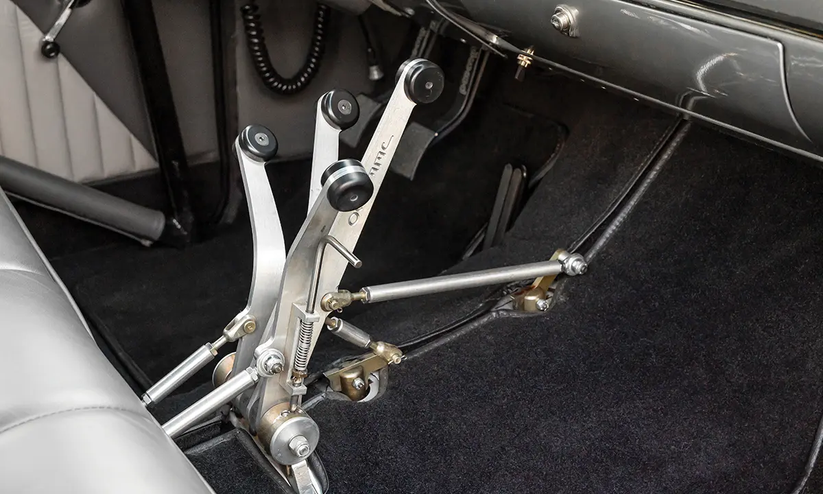 close up of the ’57 Chevy 210's multi-pronged gear shift