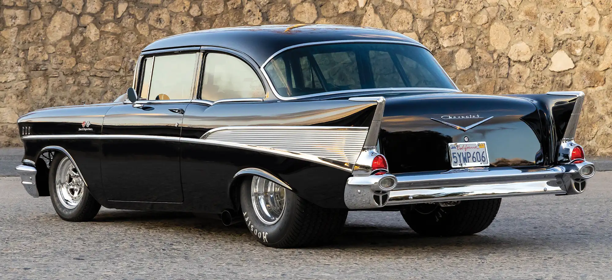 quarter rear driver side of the PPG Black ’57 Chevy 210