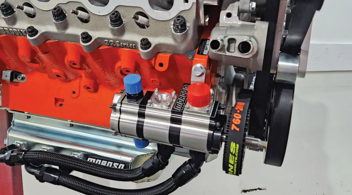 the Moroso three-stage oil pump, driven off a belt