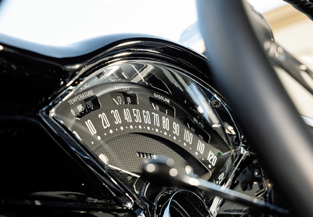 close up of a speedometer in a 1955 Chevy 210