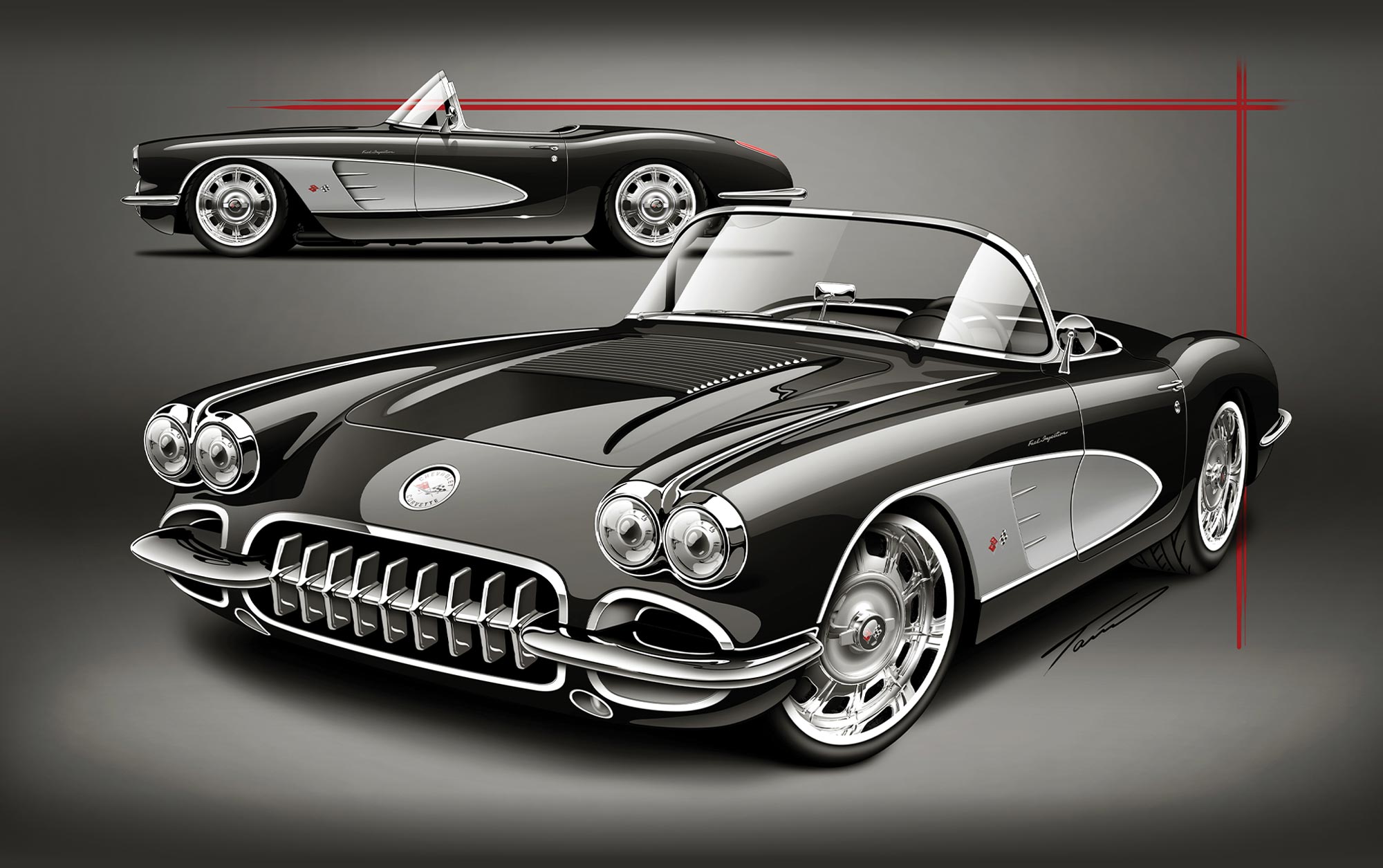 profile and quarter view vector rendering of a black 1959 Corvette