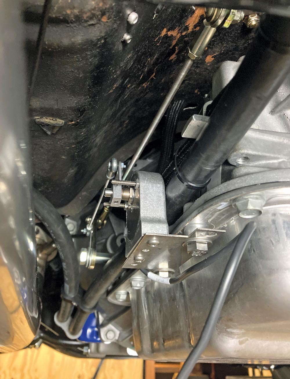 Installation of the shift linkage and control components on the 1957 Chevy's transmission