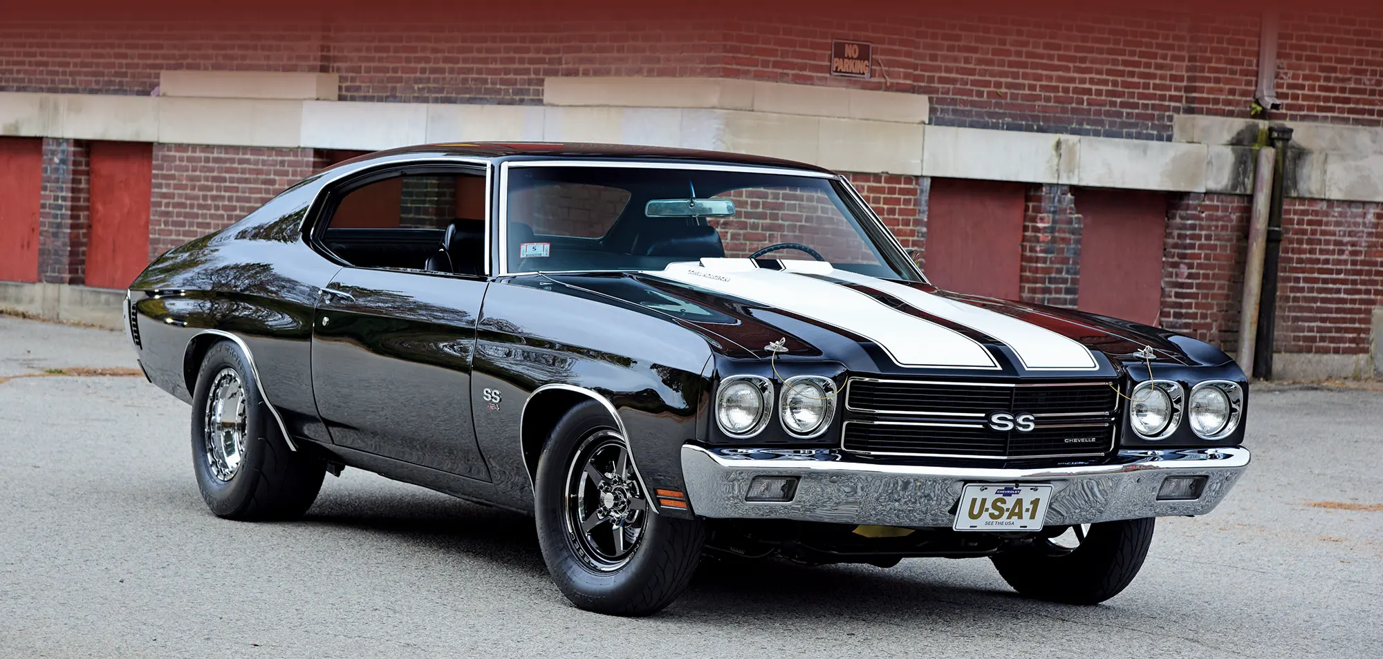 1970 Chevrolet Chevelle SS 454 in black, featuring classic white rally stripes and aggressive stance