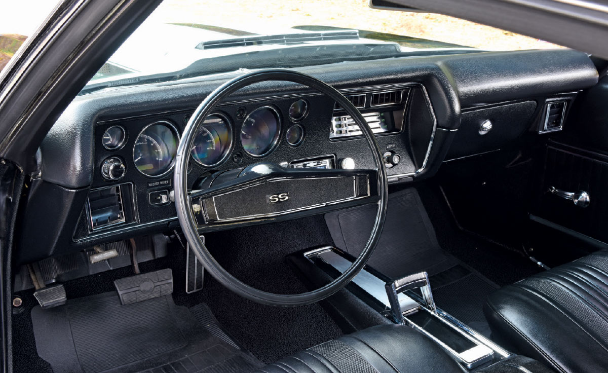 Dashboard view of the 1970 Chevelle SS 454, showcasing the original gauges and SS badged steering wheel