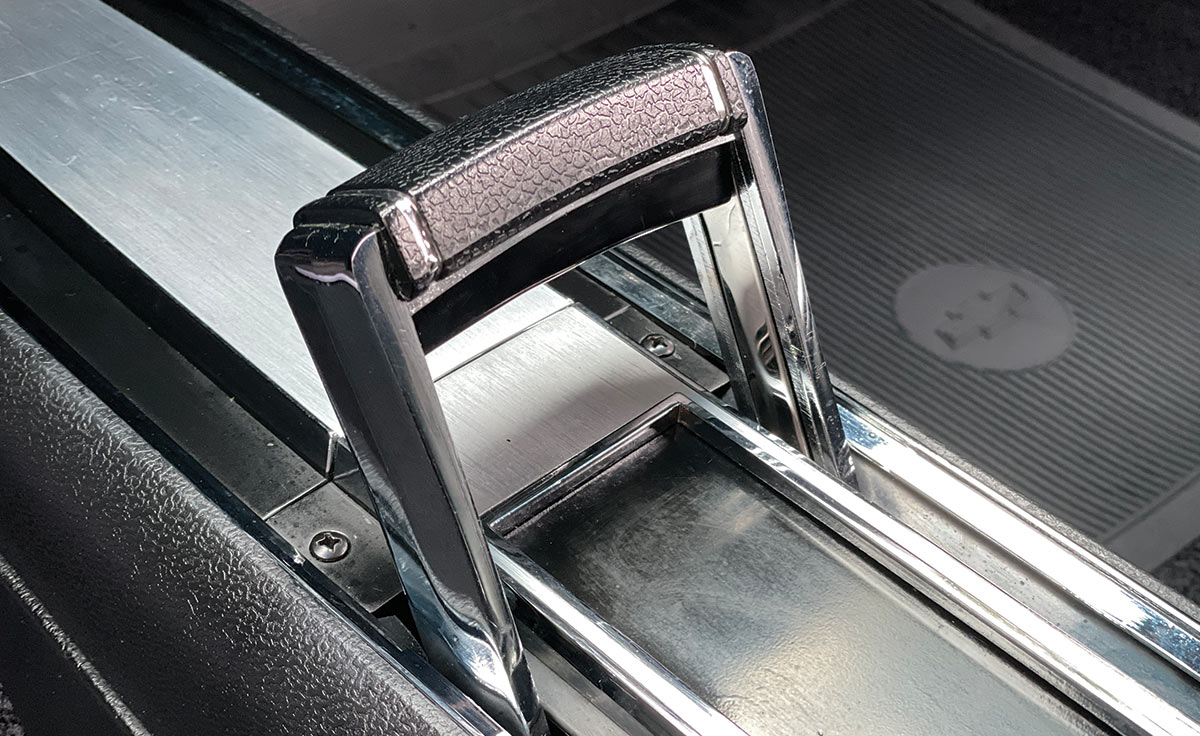 Close-up of the chrome automatic shifter on the center console of the 1970 Chevelle SS 454
