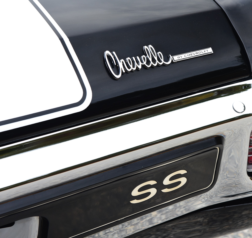 Close-up of the rear Chevelle by Chevrolet badge and SS emblem on the 1970 Chevelle SS 454 trunk