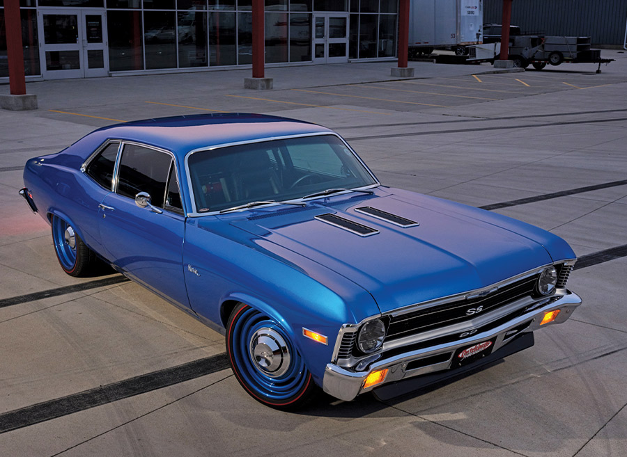 Evening shot of a 1971 Chevrolet Nova SS, showcasing blue steel wheels with matching body color accents