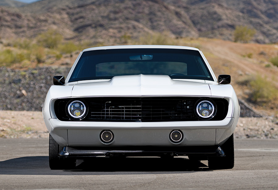 Front view of the 1969 Camaro Z28, featuring a clean, minimalist grille and modern headlights