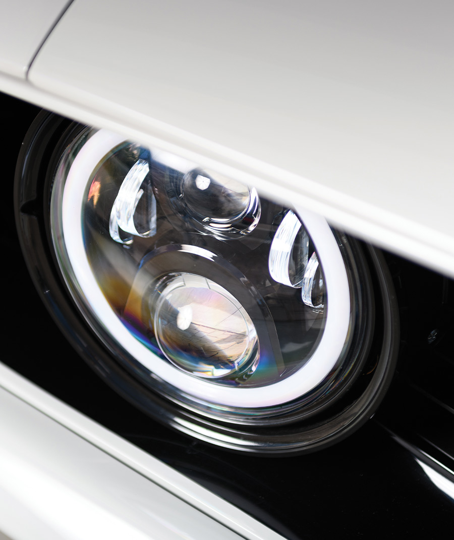 Modern LED headlights on the 1969 Camaro Z28, combining classic design with updated technology