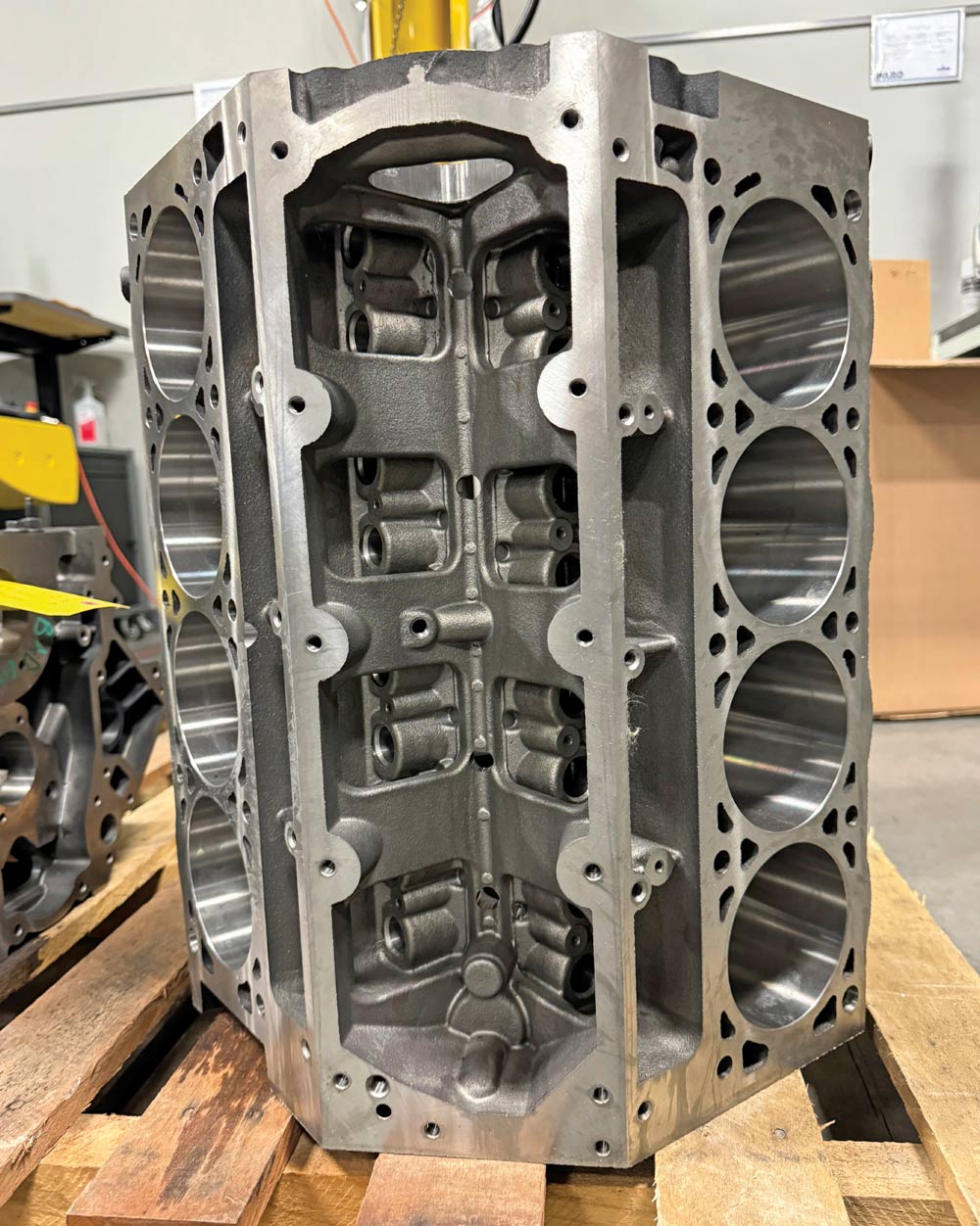 Vertical shot of a BluePrint engine block, highlighting the open cylinder bores and internal structure