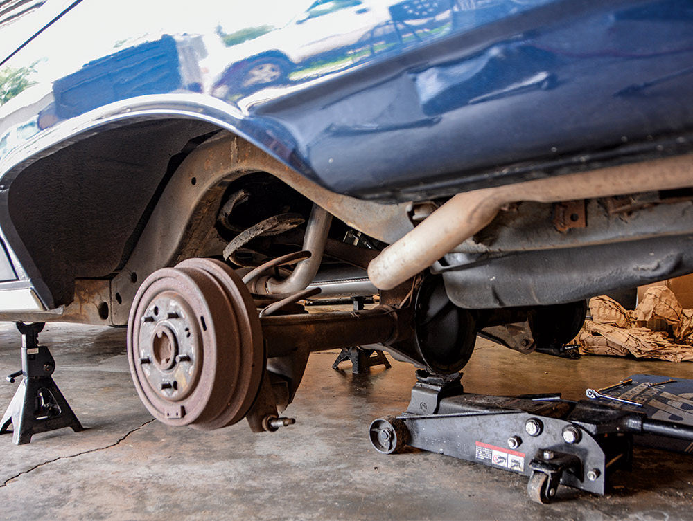 underside of 1964 Chevelle with shocks removed