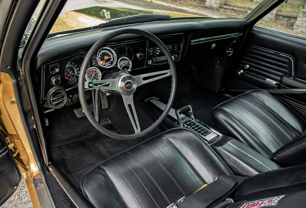 gauge cluster of the 1969 Chevelle SS featuring Sun Super Tach and water temperature gauges