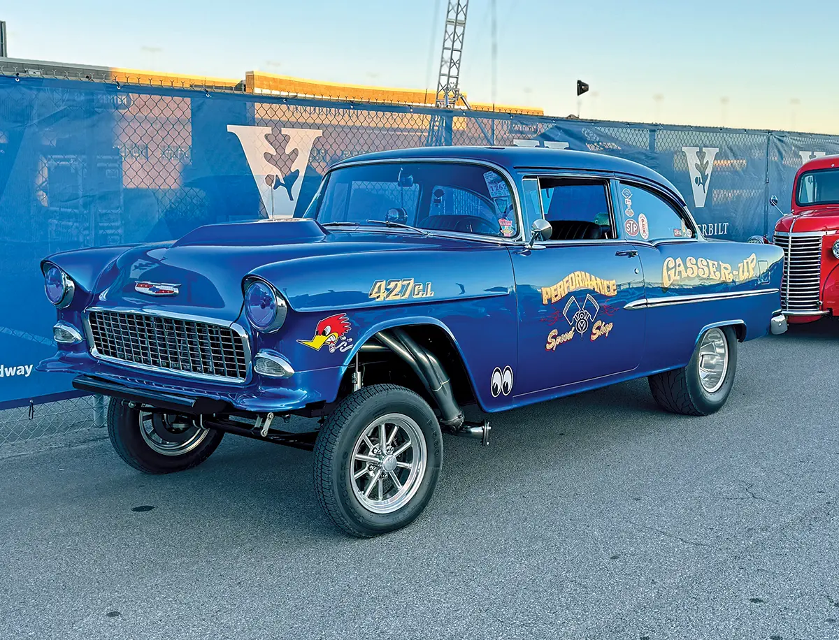 1955 Chevrolet Bel Air Gasser with a 427 engine and raised stance, classic drag racing style