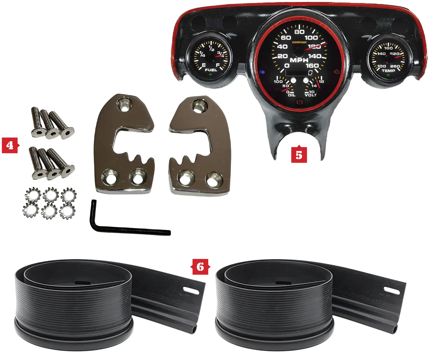 4. Orange County Hot Rods precision-engineered, polished billet stainless Door Striker Set; 5. Intellitronix 1957 Chevy Bel Air Direct Fit Analog Gauge Cluster; 6. Restoparts reproduction lower door weatherstripping seals