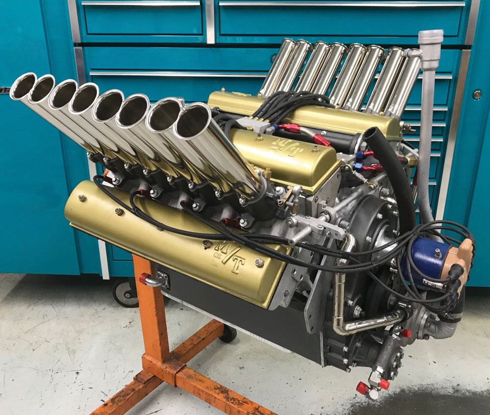 Custom-built Mickey Thompson Hemi V8 engine with long tube velocity stacks for performance racing