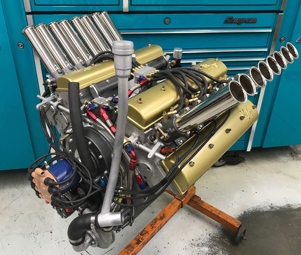 Rear view of the custom-built Mickey Thompson Hemi V8, showing the detailed valve train assembly