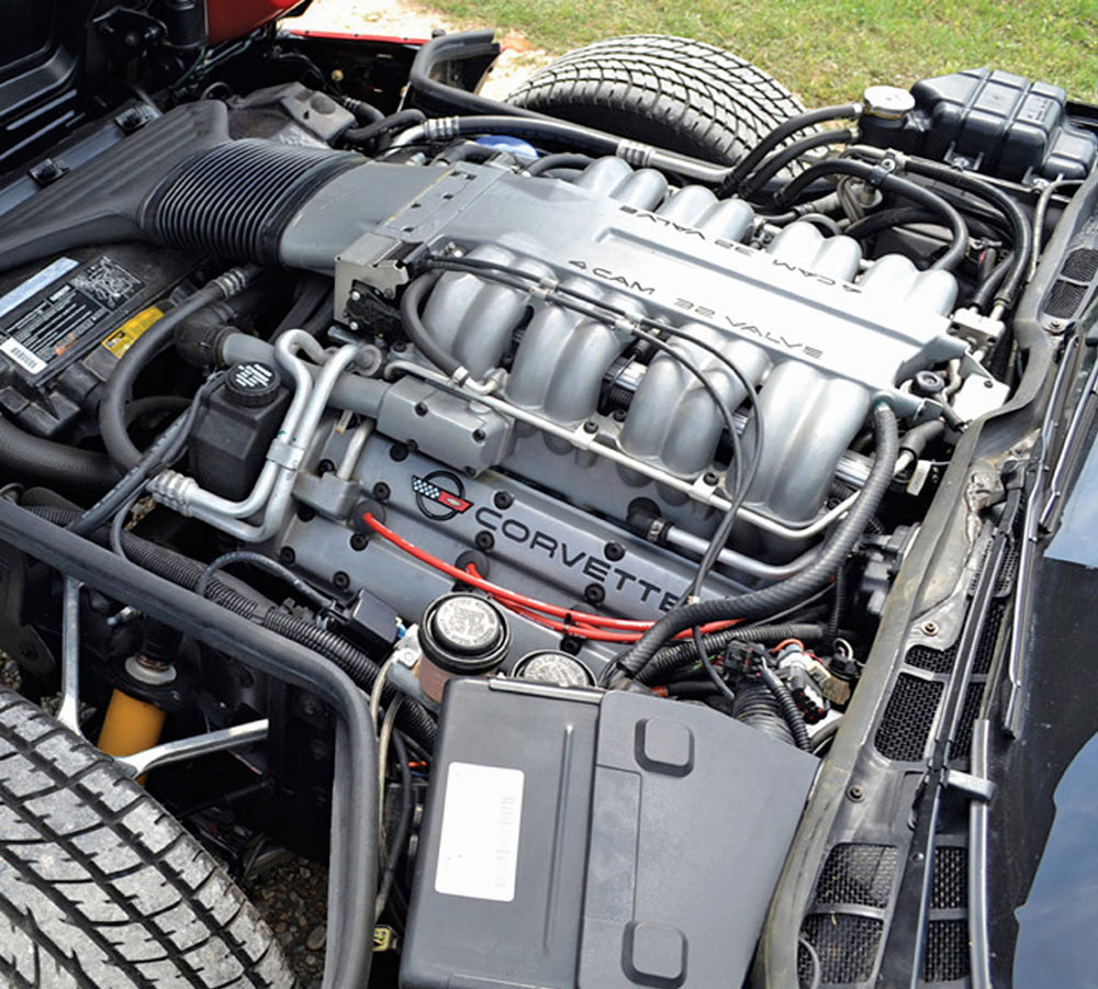 1990s Chevrolet Corvette engine bay showing a 4-cam LT5 V8 engine