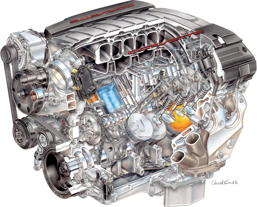 Detailed cutaway illustration of a Chevrolet Corvette LS7 V8 engine