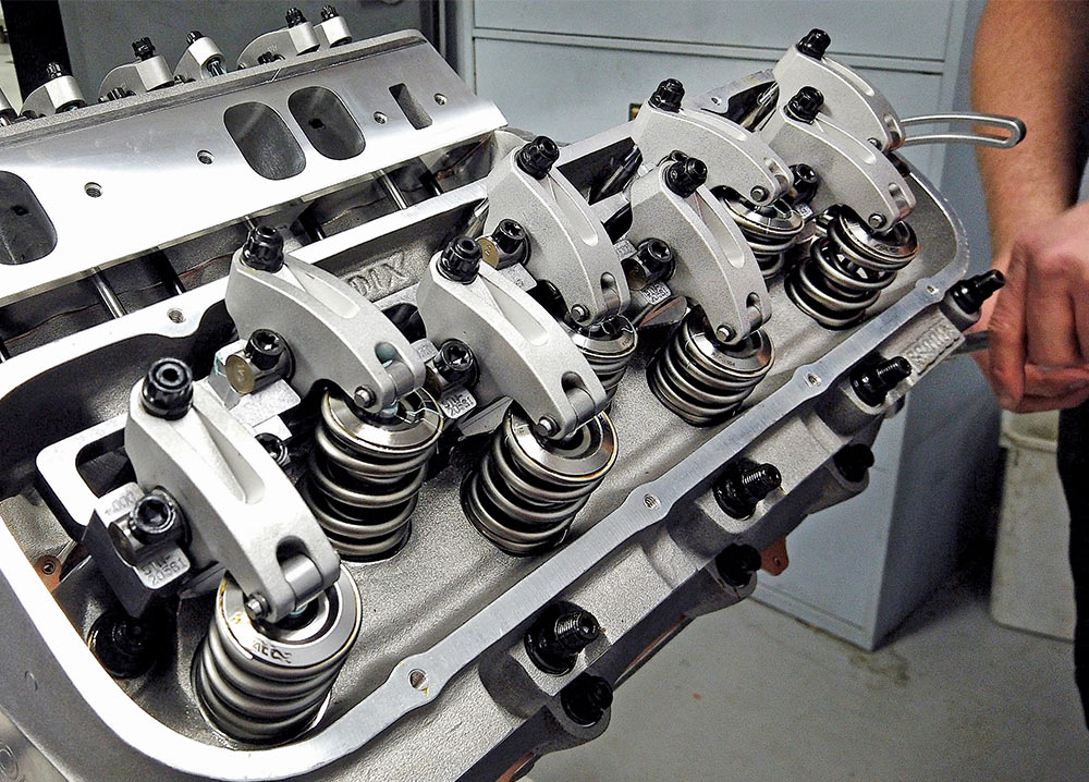 Rocker arms and springs assembly inside the cylinder head of a Brodix Chevy big block engine