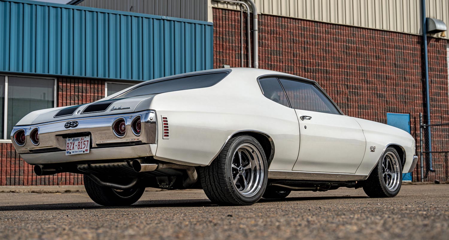 Rear view of the 1971 Chevelle SS, showing dual exhausts and polished chrome bumper