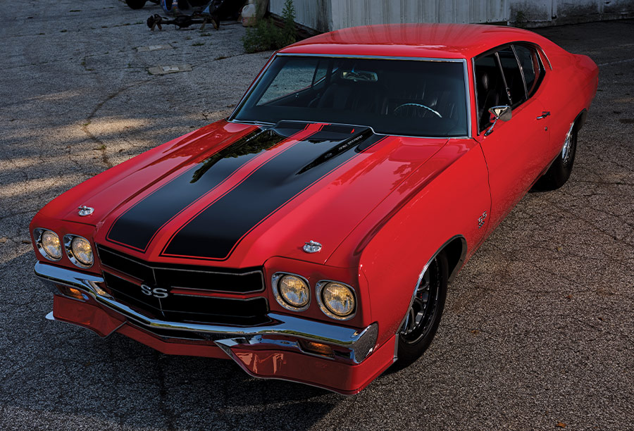 Overhead view of a 1970 Chevelle SS showcasing its black hood stripes and aggressive stance