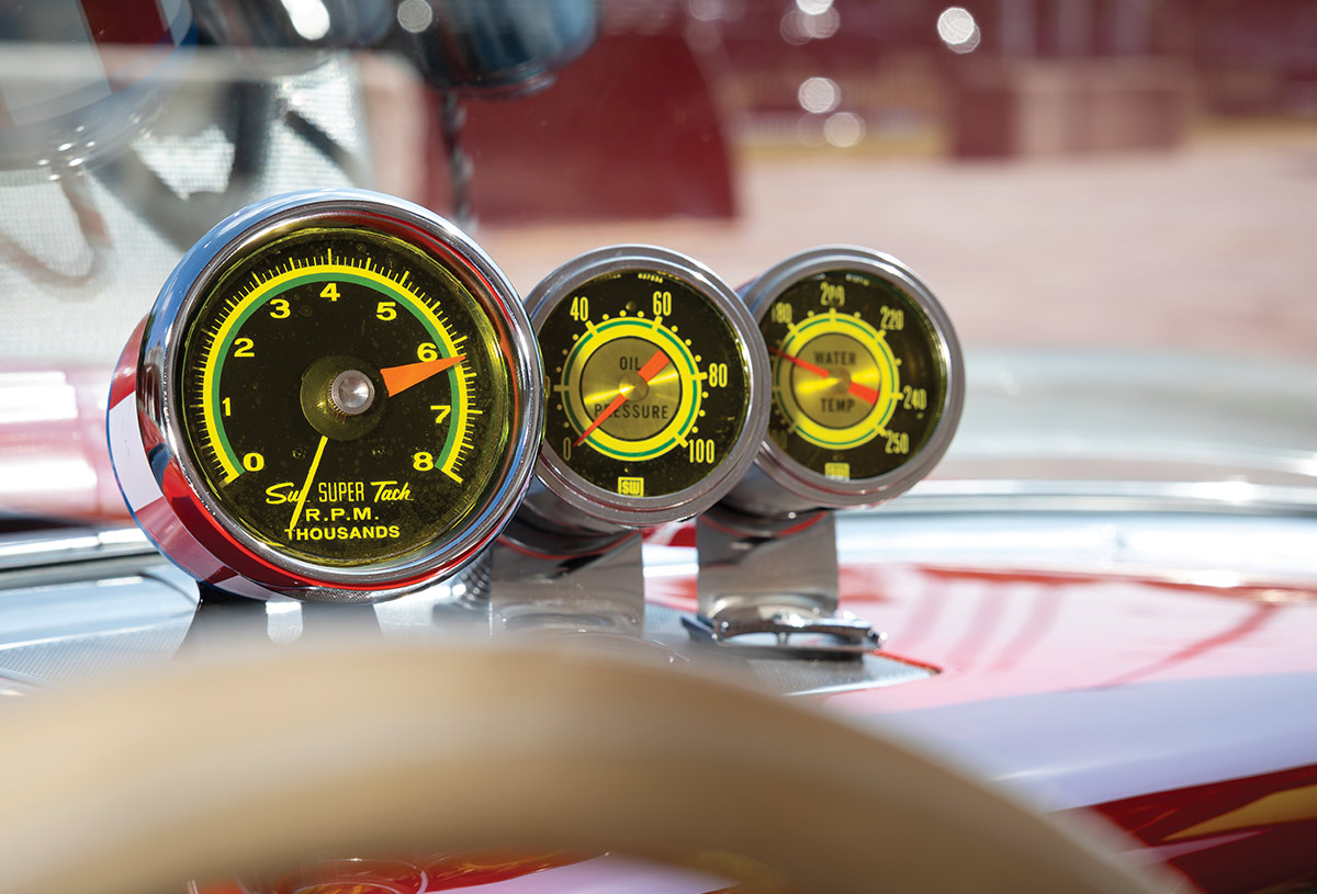 Sun Super Tach RPM gauge with additional oil pressure and water temperature gauges inside the 1957 Chevy Bel-Air gasser