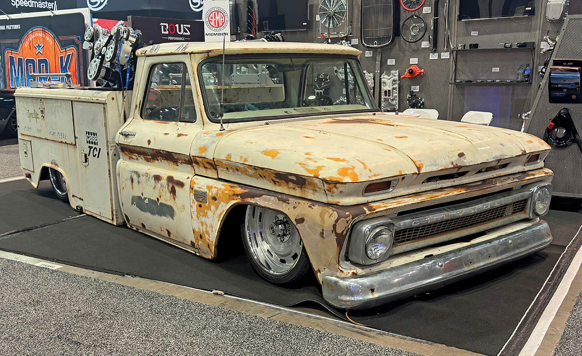 1966 Chevrolet C10 patina utility truck slammed on air suspension at SEMA