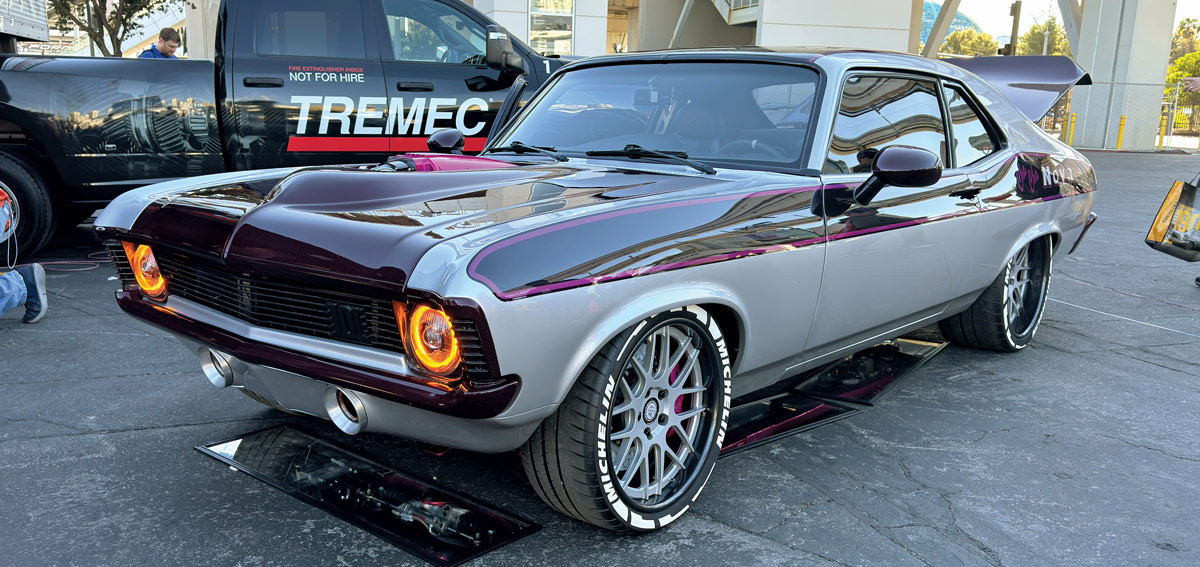1973 Ford XB Falcon silver and maroon custom with Tremec branding at SEMA