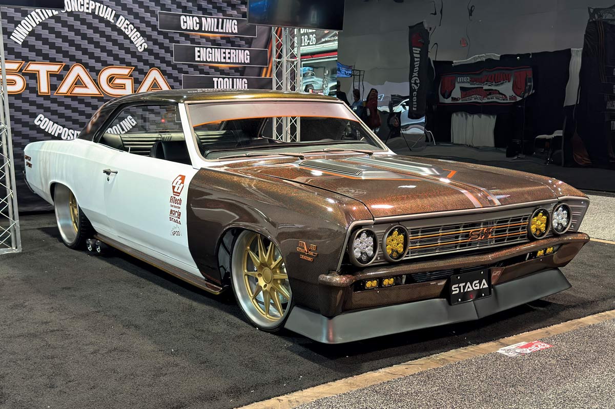 1966 Chevrolet Chevelle custom convertible in brown and white with gold wheels and modern aerodynamics at SEMA