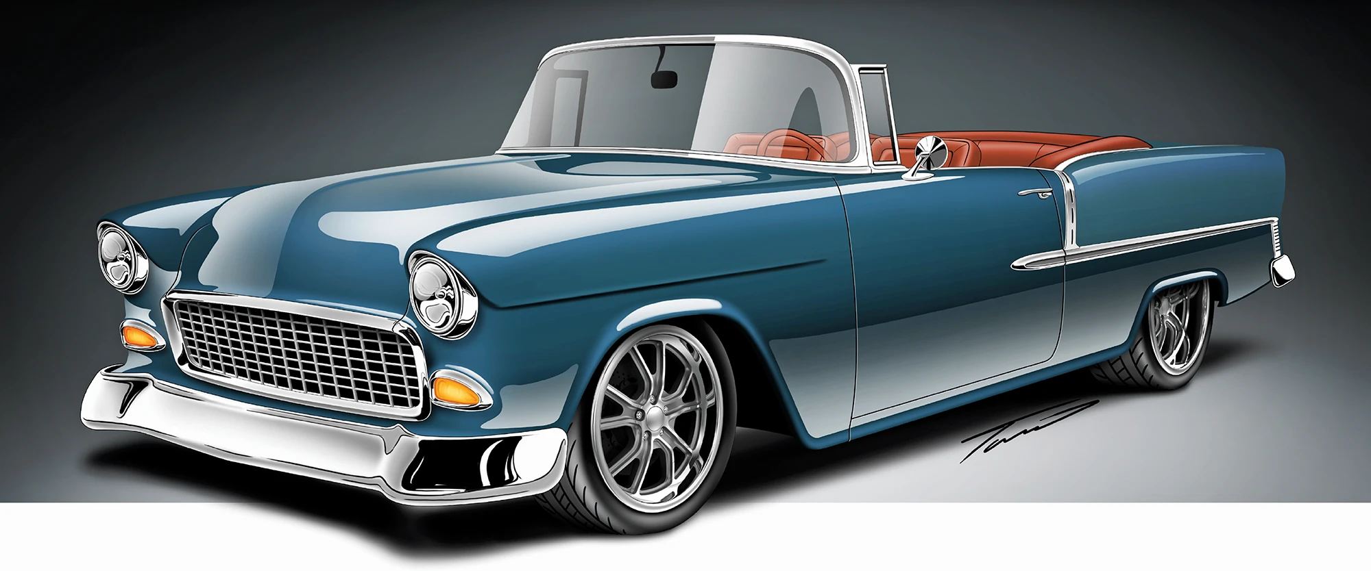Illustration of a glossy blue classic convertible with red leather interior and chrome details.