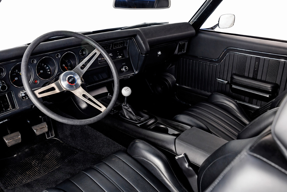 Interior of a vintage car showing the steering wheel, dashboard, and black leather seats.