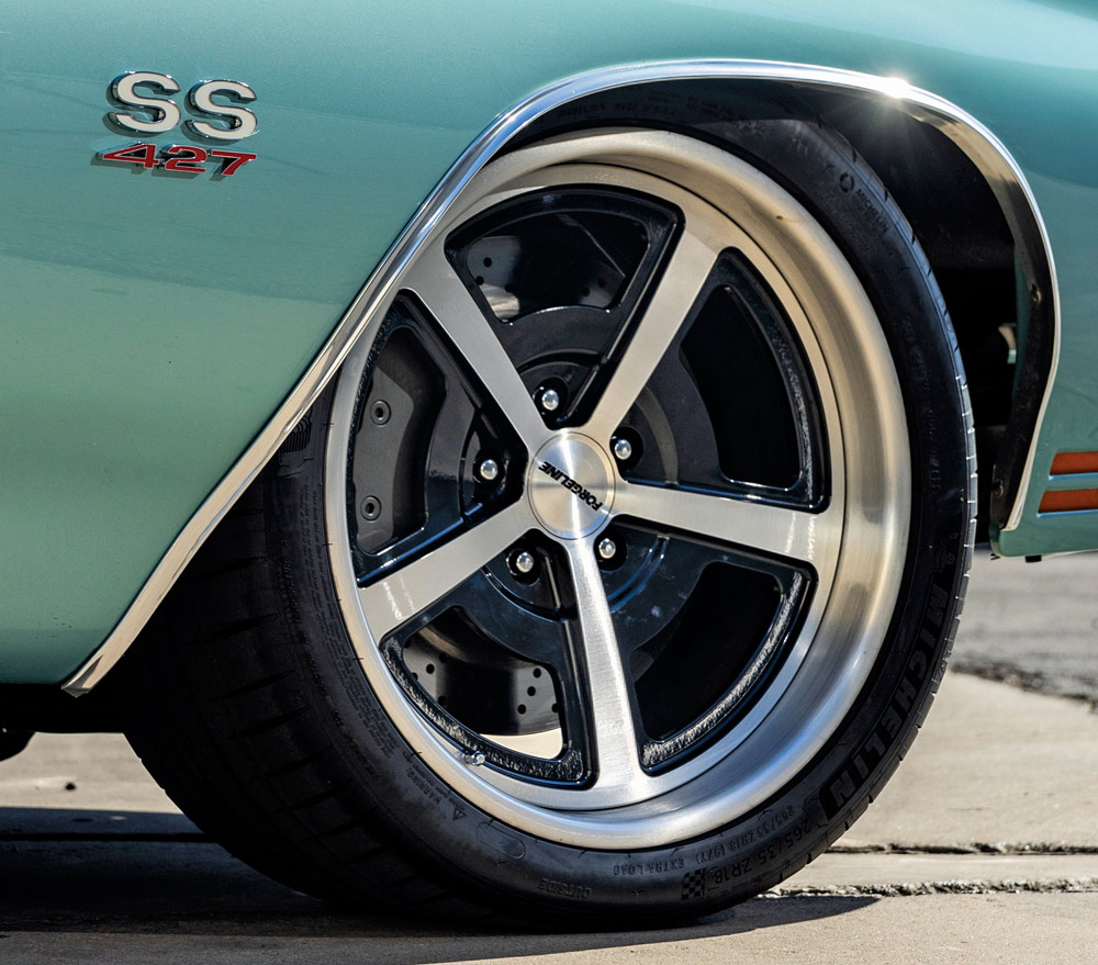 Close-up of a classic car's wheel with "SS 427" emblem.