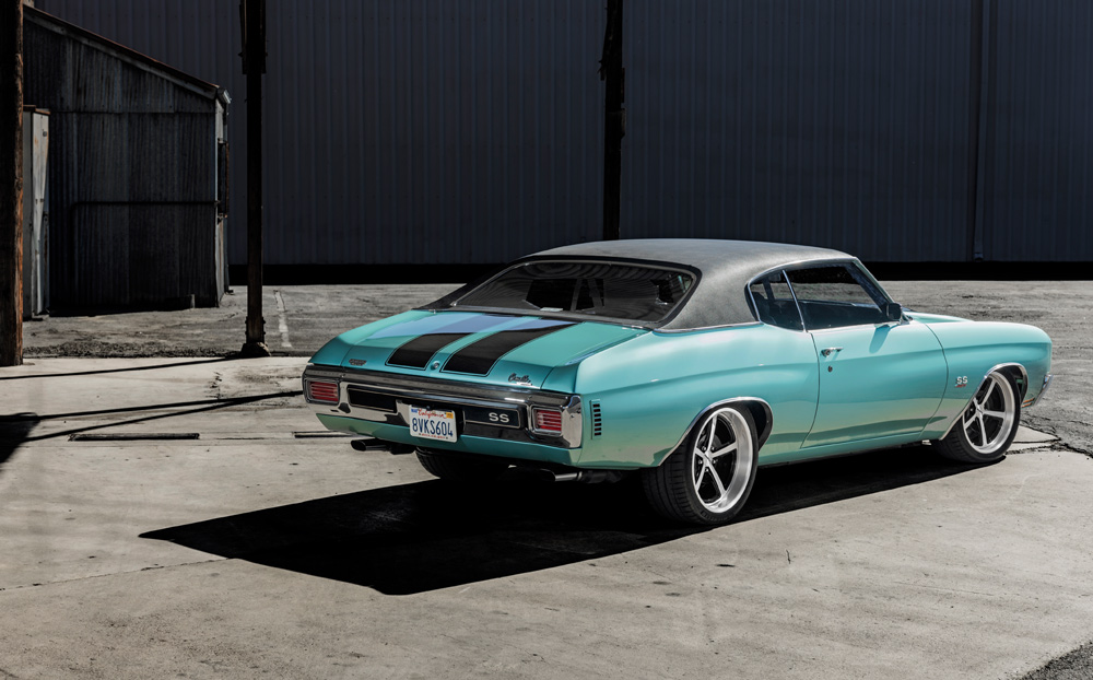 Vintage teal muscle car with black stripes and chrome wheels near an industrial building.
