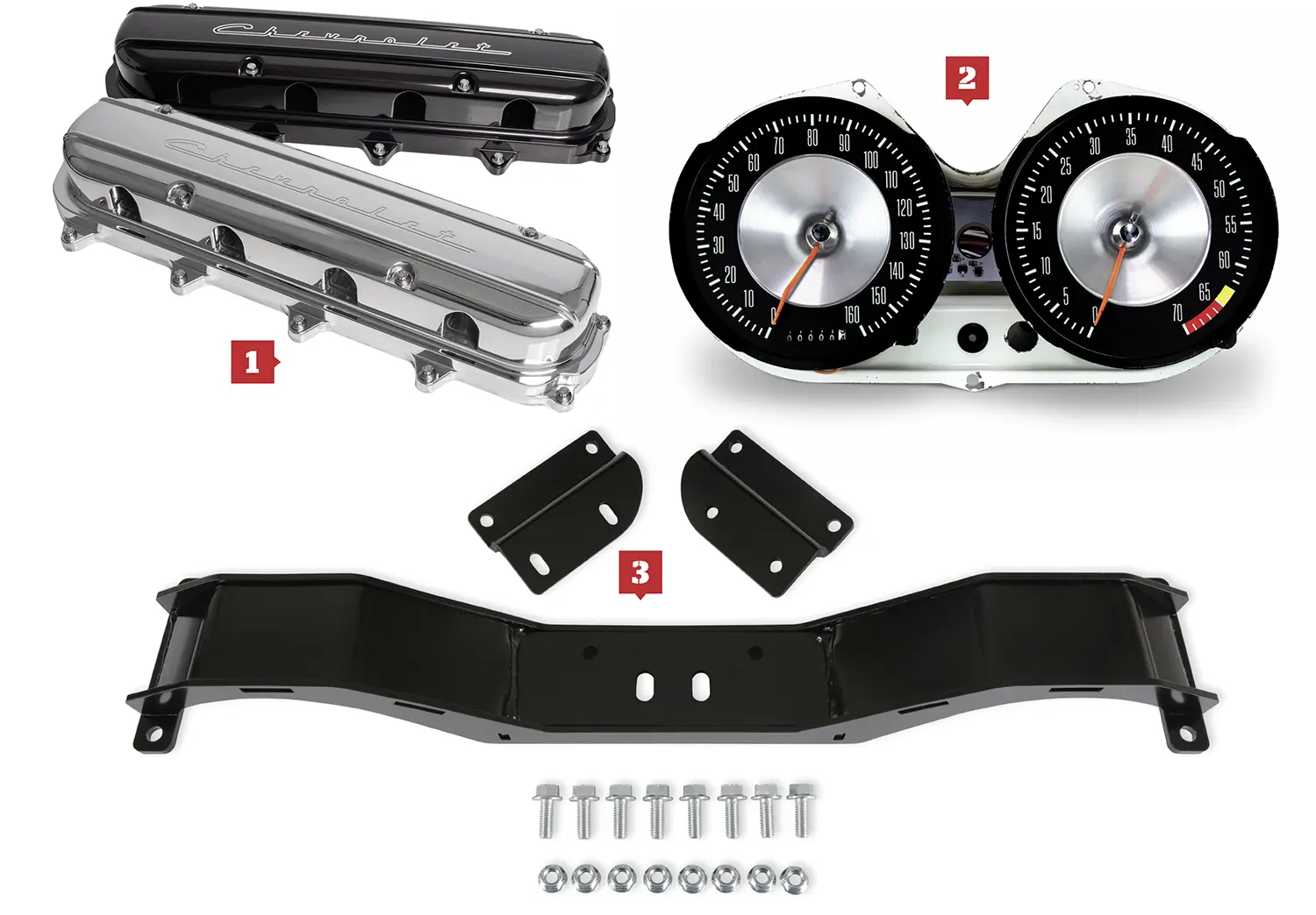 1. Billet Specialties' Gen V Modular Valve Covers; 2. Classic Instruments electronic Retro-fit Gauge; 3. Holley Hooker BlackHeart GM F-body LS engine swap crossmember