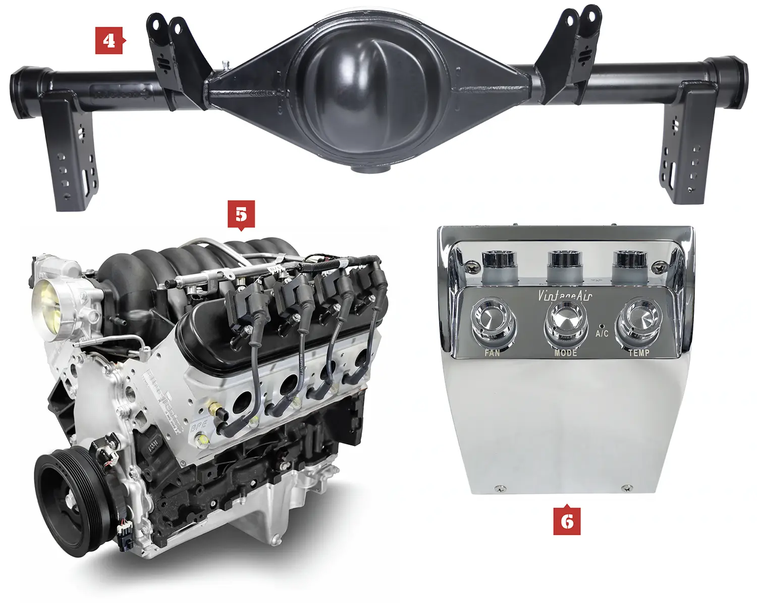 4. Ridetech 9-inch Ford Rear Axle Housings; 5. BluePrint Engines Pro Series LS crate engine; 6. Vintage Air 1957 Chevrolet Passenger Car Control Panel Replacement Kit