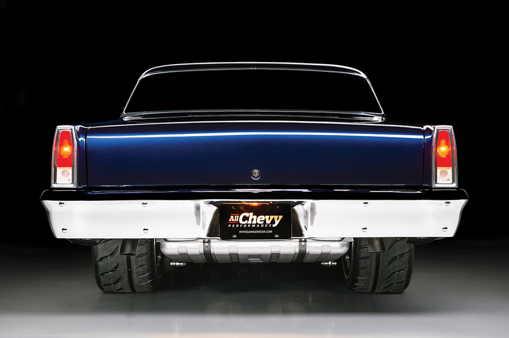 1966 Chevy Nova rear close-up, vintage tail light design with modern chrome accents