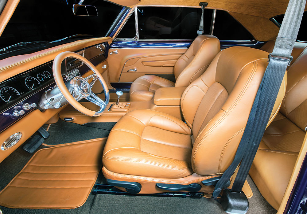 1966 Chevy Nova custom tan leather interior, bucket seats, and modern console