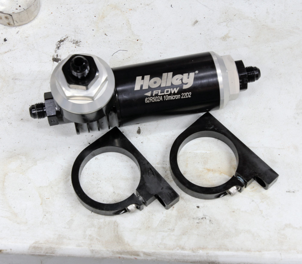 holley 10-micron inline fuel filter with mounting brackets for high-performance EFI systems