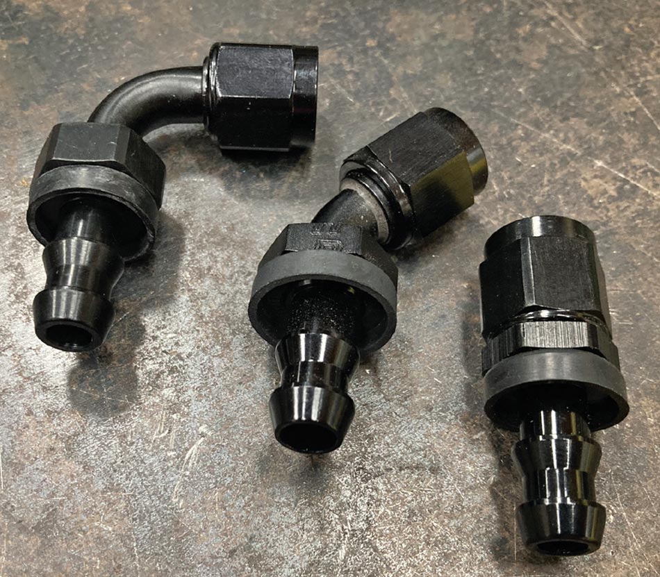 black AN push-lock fuel fittings for flexible hose connection in fuel systems