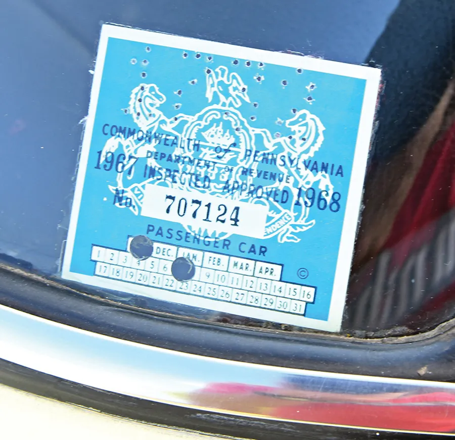 1967 Chevrolet Nova SS windshield featuring a vintage Pennsylvania passenger car inspection sticker from 1968