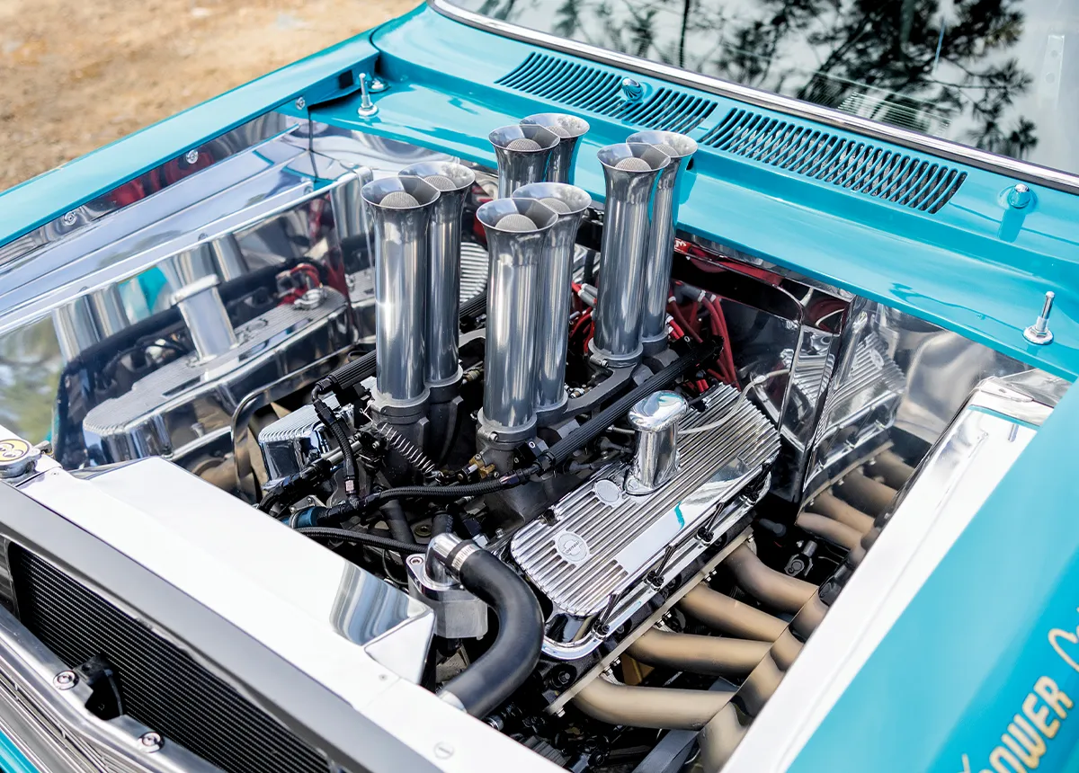 1966 Chevrolet Nova Gasser polished engine bay featuring tall intake stacks and chrome performance components