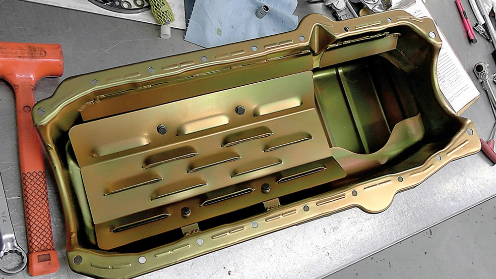 High-capacity oil pan with baffling for improved oil control, ready for installation