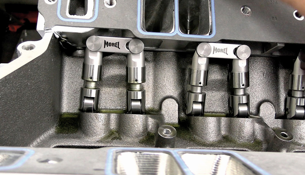 Morel roller lifters installed in the block, showcasing precise alignment for durability