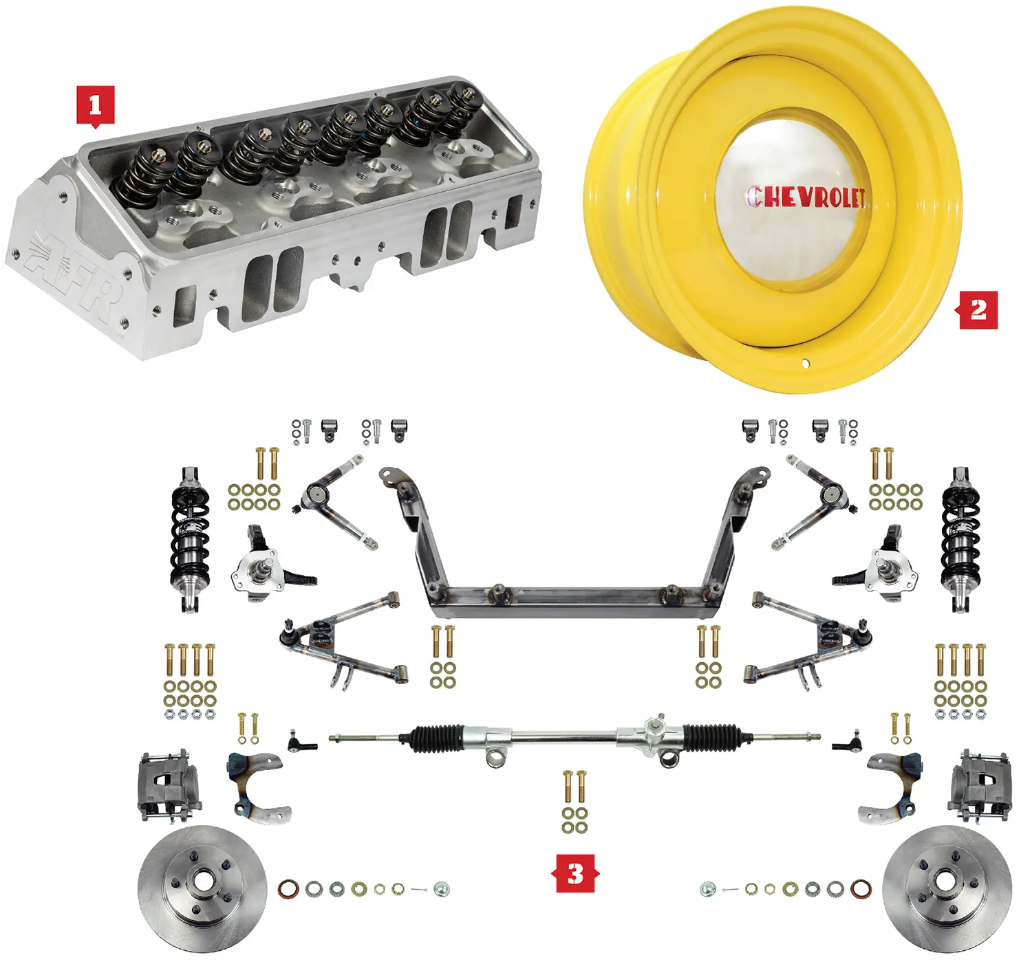 1. AFR's 200cc SB Chevy Enforcer cylinder heads; 2. Wheelsmith 18-inch Smoothie and OEM-style steel wheel; 3. Scott's Hotrods ’N Customs Built-To-Order IFS kit that includes a one-piece crossmember, tubular A-arms, adjustable coilovers, 11-inch vented rotors, GM calipers, and manual rack-and-pinion steering